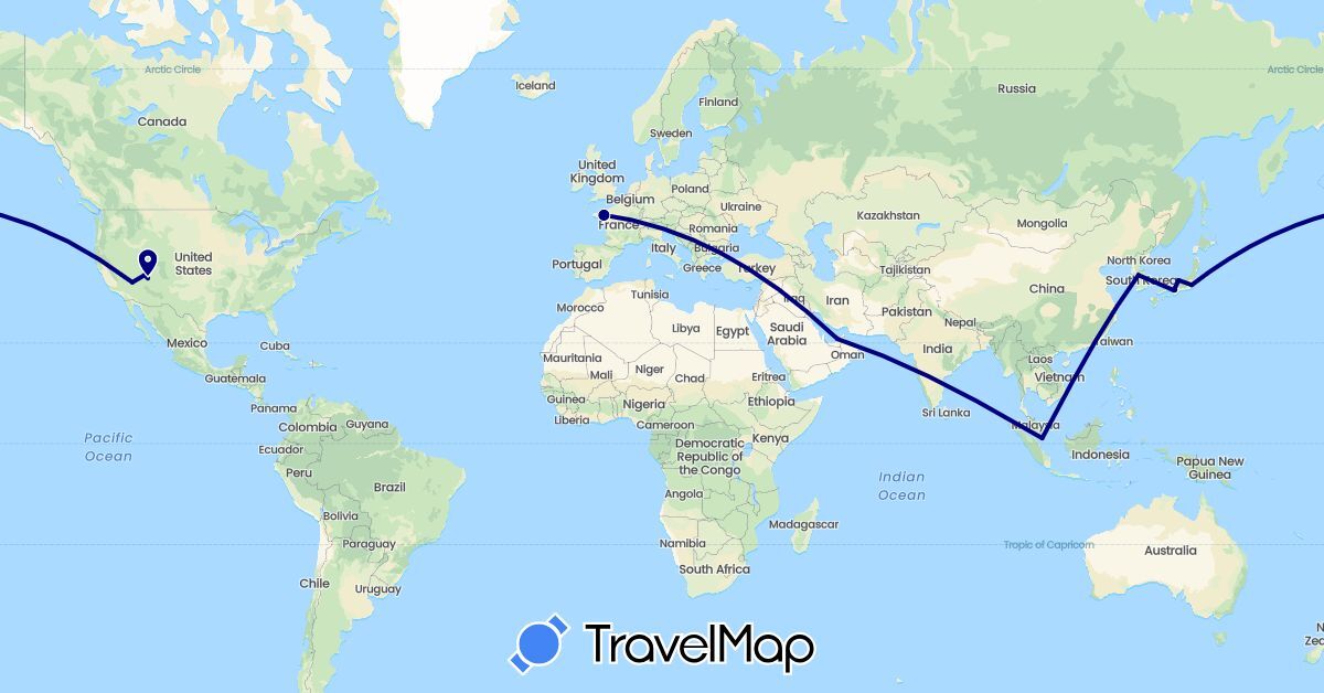 TravelMap itinerary: driving in United Arab Emirates, France, Japan, South Korea, Singapore, United States (Asia, Europe, North America)